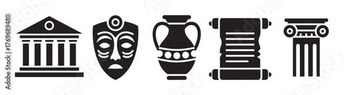 Black silhouette icons of ancient greek items, including a temple, a theatrical mask, an amphora, a scroll, and an ionic column.