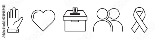 Black outline icons of a raised hand, heart, ballot box, two people, and a ribbon symbolizing various social and community concepts.
