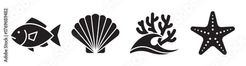 Four black silhouette icons depicting marine life, including a fish, shell, coral wave, and starfish, representing ocean-themed concepts.