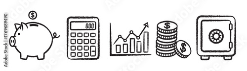 Black outline icon set featuring a piggy bank, calculator, bar graph with arrow, stacked coins with dollar sign, and a locked safe.