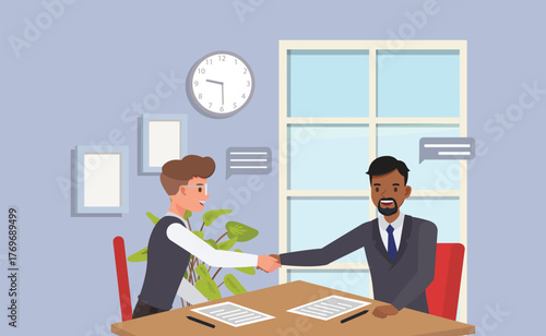 Business Negotiation and Partnership concept. Two business partners shaking hands after successful negotiation flat character vector illustration design.