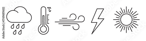 Black outline vector icons representing weather elements including rain cloud, thermometer, wind gust, lightning bolt, and sun with rays.