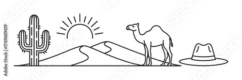Black outline vector of a desert scene featuring a camel, cactus, sun, dunes, and a fedora hat, illustrating travel and adventure themes.