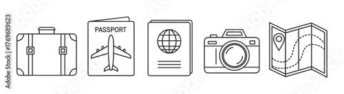 Black outline icons of suitcase, passport with an airplane, identification book with a globe, camera, and folded map with location marker, representing travel essentials.