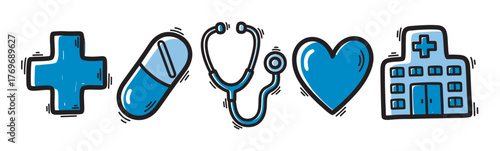 Hand-drawn vector icons of medical symbols including a blue cross, pill, stethoscope, heart, and hospital building.