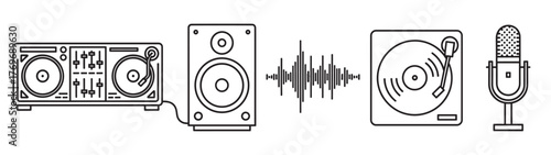 Black outline vector icons of dj equipment including a turntable, speaker, soundwave, and microphone in a minimal linear style.