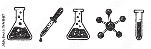 Hand-drawn black outline icons of laboratory equipment, including two conical flasks, a pipette, a molecule model, and a test tube.