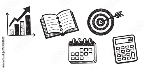 Black and white hand-drawn sketches of a bar chart with an upward arrow, an open notebook, a dartboard with a dart, a calendar, and a calculator.
