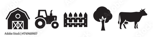 Black silhouette icons depicting a barn, a tractor, a fence, a tree, and a cow, representing various aspects of farm life and agriculture.
