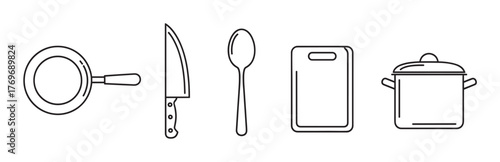 Black outline icons of kitchen utensils including a frying pan, knife, spoon, cutting board, and cooking pot.