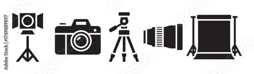 Black silhouette icons of photography equipment including camera, tripod, camera lens, and studio backdrop in a linear arrangement.