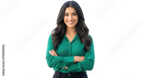 A confident young professional woman with long dark wavy hair smiling and standing with her arms crossed isolated on transparent background