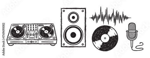 Black and white sketch of dj equipment including a turntable, speaker, vinyl record, sound wave, and microphone.