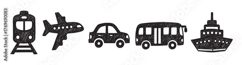 Hand-drawn black outline icons of various modes of transportation including a train, airplane, car, bus, and ship, depicted in a minimalist style.