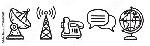 Black and white outline icons of a satellite dish, antenna tower, telephone, speech bubbles, and globe representing communication.