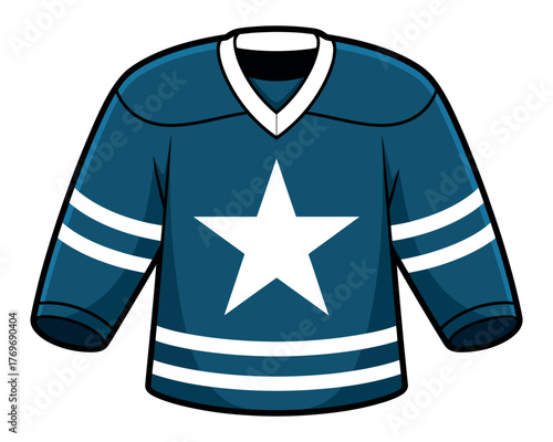 Blue hockey jersey with a white star emblem and white stripes on sleeves and hem
