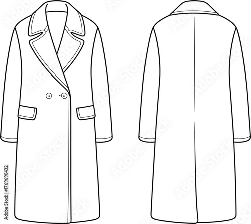 Classic double-breasted long overcoat technical flat fashion sketch with wide lapel collar and flap pockets front and back view