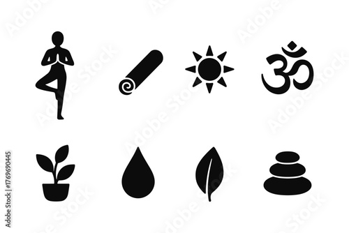 Minimalist yoga and meditation icons with silhouette design for wellness and positivity