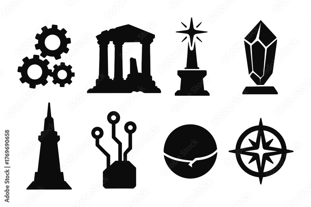 Fototapeta premium Silhouette icons set featuring ancient ruins, crystals, compass, and technology