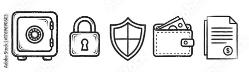 Hand-drawn black outline icons of a safe, padlock, shield, wallet with cash, and financial document, representing security and finance concepts.