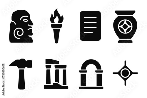 Ancient symbols icon set: monuments, artifacts, and tools in silhouette style