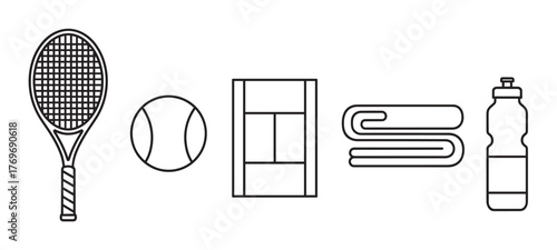 Linear black outline icons including a tennis racket, tennis ball, court layout, folded towel, and water bottle, representing essential tennis equipment.
