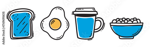 Hand-drawn illustration of a breakfast set featuring toast, a fried egg, a coffee cup, and a bowl of cereal with blue accents.