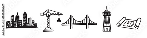 Black outline icons depicting a cityscape, construction crane, suspension bridge, communications tower, and an architectural blueprint.