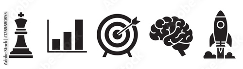 Black silhouette icons of a chess king piece, bar graph, target with arrow, human brain, and space rocket in a row.