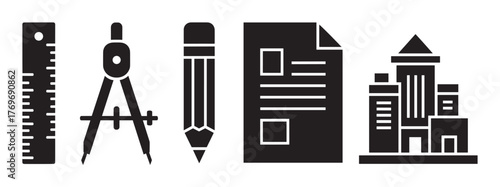 Black silhouette icons of a ruler, compass, pencil, document, and building representing tools for architecture and design.