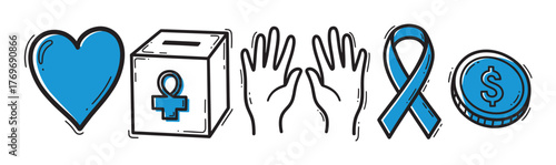Blue and black charity symbols including a heart, donation box, open hands, awareness ribbon, and a dollar coin.