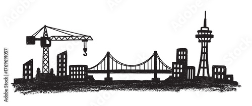 Black outline of a city skyline featuring a crane, suspension bridge, various buildings, and a tall tower against a white background.