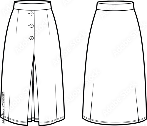Vector flat fashion technical sketch of women button front midi skirt with front slit, sewing pattern template illustration design