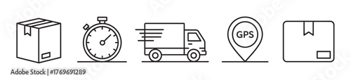 Black outline icons of a package box, stopwatch, delivery truck, gps pin, and sealed envelope, representing delivery and logistics concepts.