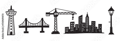 Black outline vector icons of a lighthouse, a suspension bridge, a crane, a city skyline, and a street lamp in a minimal linear design.