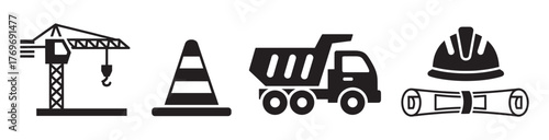 Four black silhouette icons depicting a construction crane, a traffic cone, a dump truck, and a safety helmet with blueprints.