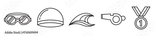 Black outline icons featuring swimming goggles, swim cap, wave, whistle, and first-place medal, representing swimming themes.