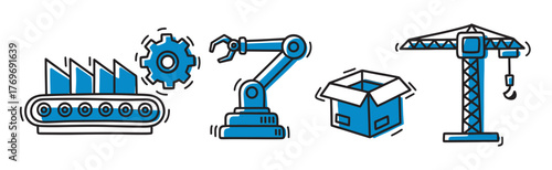 Industrial icons including a conveyor belt, gear and robotic arm, cardboard box, and crane symbolizing manufacturing and logistics.