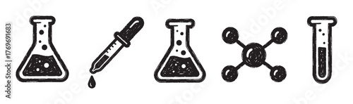 Black outline icons of scientific equipment including flasks, pipette, test tube, and molecule structure for chemistry and laboratory concepts.