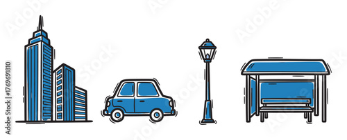 Hand-drawn urban elements including a tall skyscraper, a compact blue car, a vintage streetlamp, and a simple bus stop in blue outlines.