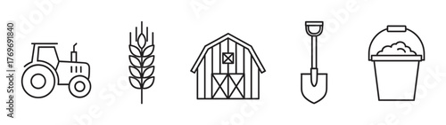 Linear icons representing farming equipment and symbols, including a tractor, wheat stalk, barn, shovel, and a bucket.