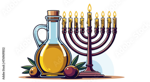 Olive oil jar beside glowing menorah candles with festive and traditional mood, vivid vector illustration