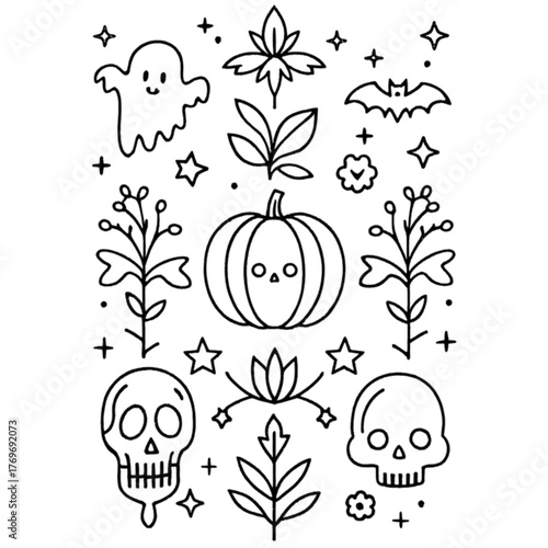 Halloween coloring book illustration set