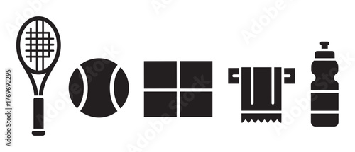 Black silhouette icons of a tennis racket, tennis ball, window frame, towel, and water bottle, set side by side.