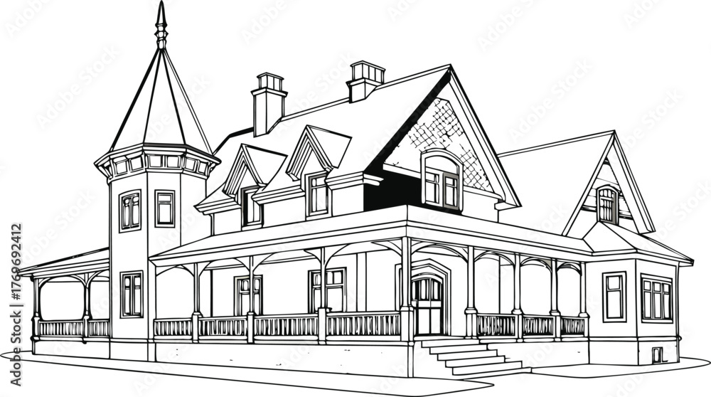 Obraz premium Architectural Sketch: An illustration presents a modern home's exterior, showcasing clean lines and contemporary design, embodying the essence of suburban living.