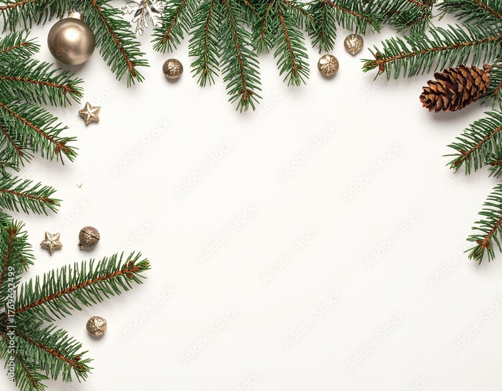 Fototapeta premium Minimal Christmas Pine Branch Arrangement with Natural Greenery Creating a Clean Seasonal Frame