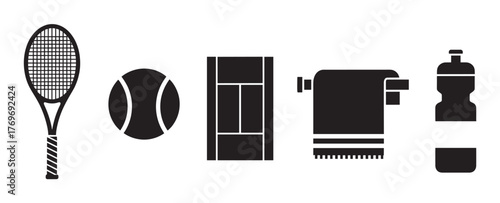 Black silhouette icons of a tennis racket, ball, court, towel, and water bottle representing essential tennis equipment.