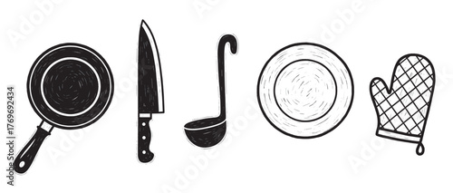 Hand-drawn black outline icons of kitchen tools including a frying pan, knife, ladle, plate, and oven mitt, suitable for culinary themes.