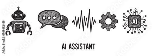 Black sketch-style illustrations of a robot, speech bubbles, soundwaves, gear, and a microchip labeled "ai" depicting elements of artificial intelligence.