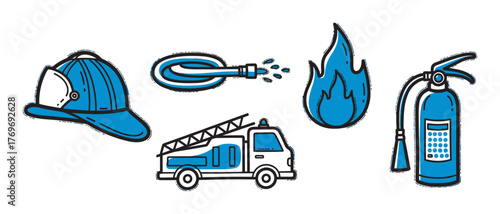 Hand-drawn blue and white vector icons of firefighting equipment including a helmet, hose, flame, fire truck, and extinguisher.
